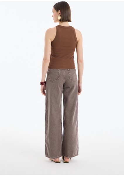 Halter Yaka Basic Fitilli Atlet Kahverengi