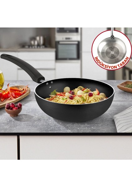 28 cm Maestro Indüksiyonlu Wok Tava, Horeca Indüksiyon Tabanlı Wok Tava (Bakalit Kulp)