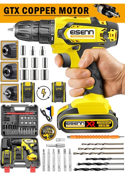 Germany Teknoloji Yeni Seri Yellow E-6814 Çift Akülü Seri Vidalama Matkap Usta Yardımcı Set