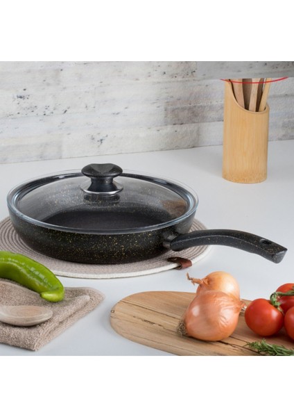 30 cm Gold Stone Ezme Seri Kapaklı Tava, Non-Stick Kızartma Tavası (Bakalit Kulplu)