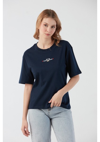 Teddy Bear Yazı Nakışlı Bisiklet Yaka Tişört