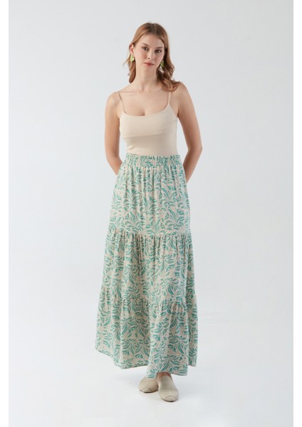 Desenli Beli Lastikli Etek