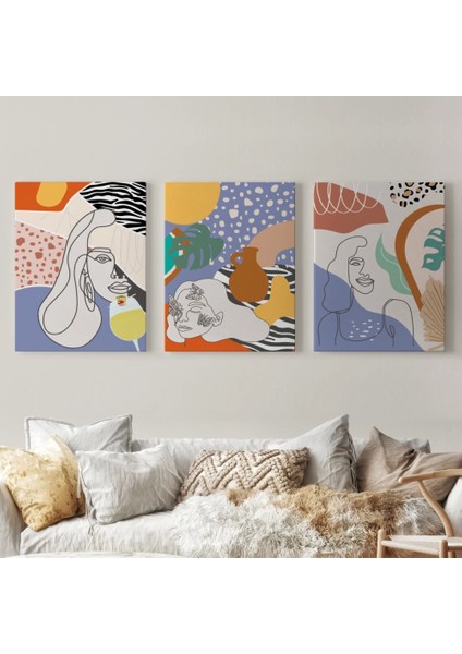 - Zarif Kadın Fifürü ve Yapraklar Temalı Dekoratif Duvar Tablosu Üçlü Set-Du-98