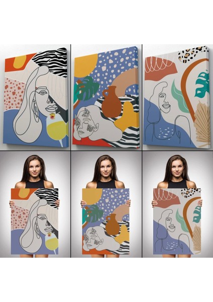 - Zarif Kadın Fifürü ve Yapraklar Temalı Dekoratif Duvar Tablosu Üçlü Set-Du-98 modelleri