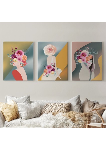 - Renkli Çiçekli Kadınlar Dekoratif Duvar Tablosu Üçlü Set-Dj-87
