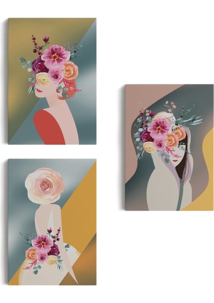 - Renkli Çiçekli Kadınlar Dekoratif Duvar Tablosu Üçlü Set-Dj-87 fiyatları