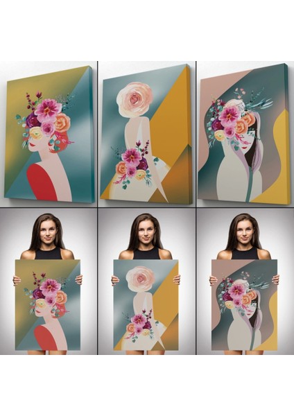 - Renkli Çiçekli Kadınlar Dekoratif Duvar Tablosu Üçlü Set-Dj-87 modelleri