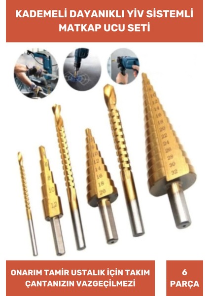 Özel Üretim Çift Yiv Sistemli Kademeli Sac Delme Çatlatmadan Kesim Matkap Ucu 6 Parça Panç Seti