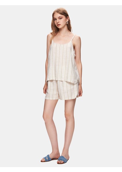 Kadın Askılı Keten Görünümlü Çizgili Rahat Kesim Bej Bluz