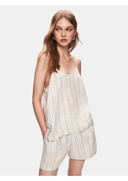 Kadın Askılı Keten Görünümlü Çizgili Rahat Kesim Bej Bluz fiyatları