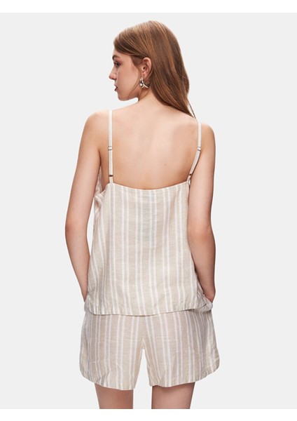 Kadın Askılı Keten Görünümlü Çizgili Rahat Kesim Bej Bluz modelleri