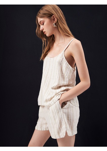 Kadın Askılı Keten Görünümlü Çizgili Rahat Kesim Bej Bluz fırsatları