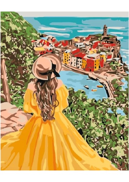 - Kanvas Sarı Elbiseli Kadın Sayılarla Boyama Seti Kasnaklı