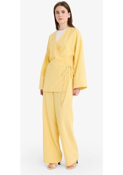 Relax Fit 2'li Takım Gofre Dokulu Uzun Kollu Kimono Pantolon F4095AX25SM