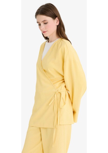 Relax Fit 2'li Takım Gofre Dokulu Uzun Kollu Kimono Pantolon F4095AX25SM