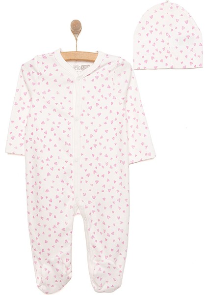 Yenidoğan Kız Bebek Tulum-Bere 2li Takım Interlok Kalp Desenli Patikli Paça Ekru