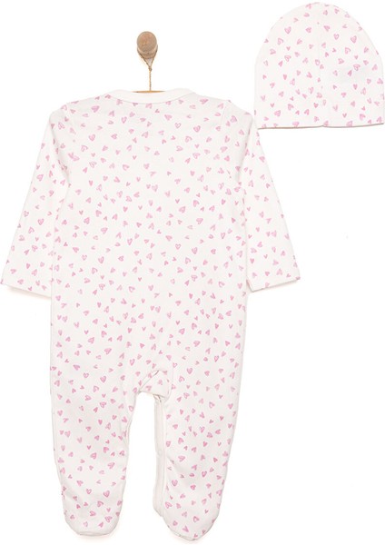 Yenidoğan Kız Bebek Tulum-Bere 2li Takım Interlok Kalp Desenli Patikli Paça Ekru fiyatları