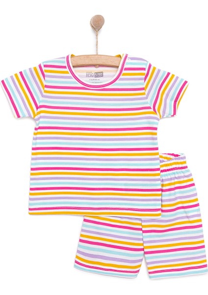 Kız Bebek Pijama Takımı Bisiklet Yaka Reçme Paça Kısa Kol Pembe 6 Ay