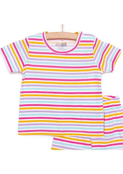 Kız Bebek Pijama Takımı Bisiklet Yaka Reçme Paça Kısa Kol Pembe 6 Ay