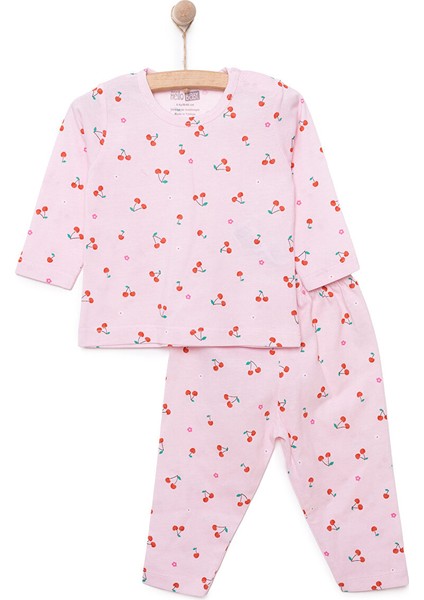 Kız Bebek Pijama Takımı Kiraz Desenli Bisiklet Yaka Ribanalı Paça Uzun Kol Mor 6 Ay