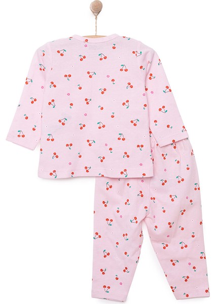 Kız Bebek Pijama Takımı Kiraz Desenli Bisiklet Yaka Ribanalı Paça Uzun Kol Mor 6 Ay