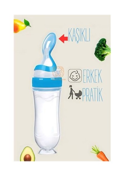 Modacar Kaşıklı Mama Silikon Biberon Erkek Bebek Besleyici