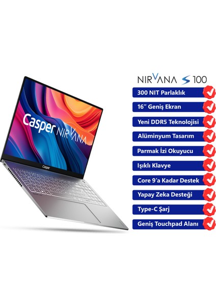 Nirvana S100 300NIT Core i5-13420H 32GB DDR5 RAM 1TB NVME SSD 16" Freedos Taşınabilir Bilgisayar S100.1342-DF00X-G-F