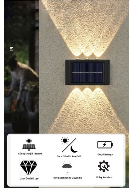 1 Adet - Modern 6 Ledli Solar Çift Taraflı Aplik Güneş Enerjili Duvar Aydınlatma Lambası (Gün Işığı