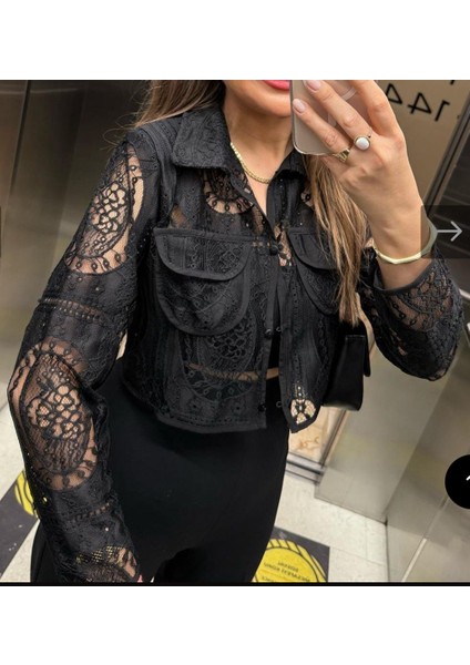 Lüx Kalite Vatkalı Dantel Tasarım Ceket Gömlek Siyah