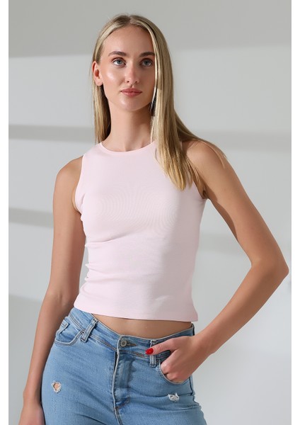 Halter Yaka Pamuklu Kompakt Penye Kolsuz Ribana Atlet 21561 Pudra