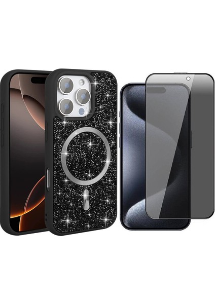 iPhone 16 Pro Max Kılıf Pırlanta Tasarımlı M-safe Şarj Özellikli Zore Mozaik Silikon Kapak + Hayalet Ekran Koruyucu