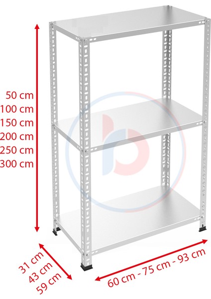 3 Katlı Galvaniz Çelik Raf - Depo, Arşiv, Kiler, Dosya, Market Rafı - 59x93 cm-200 cm-1.50 mm