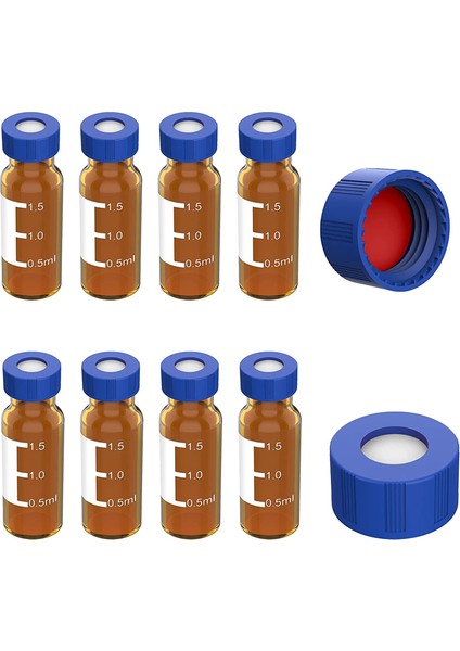 2ml Otomatik Numune Alma Cihazı Şişeleri 100'LÜ Paket - Hplc Şişeleri 9-425 Mavi Vidalı Kapaklı Amber Şişeler, Kırmızı Beyaz Septa (Yurt Dışından)