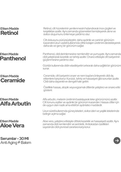- Antiaging+ Retinol ve Arbutin Katkılı Yüz Bakım Serumu - Kırışıklıklara Karşı Etkili ve Hücre Onarıcı ve Yenileyici Etki - 30ML