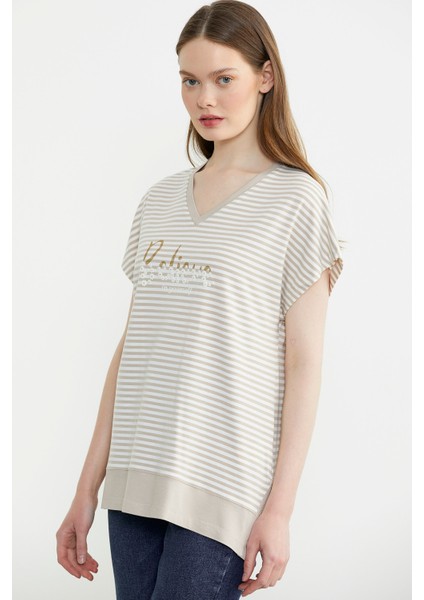 Çizgili V Yaka Payetli Tişört - Kahve