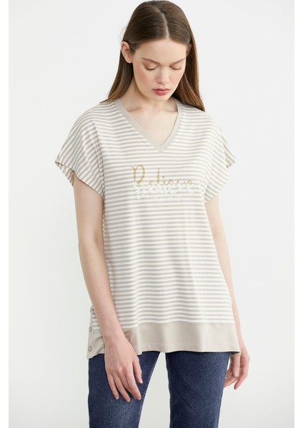 Çizgili V Yaka Payetli Tişört - Kahve fiyatları