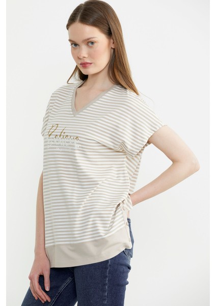 Çizgili V Yaka Payetli Tişört - Kahve fırsatları