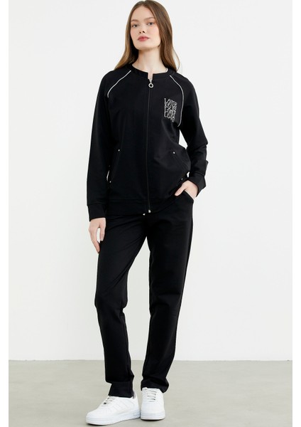 Biye Detaylı Fermuarlı Eşofman Takım - Siyah