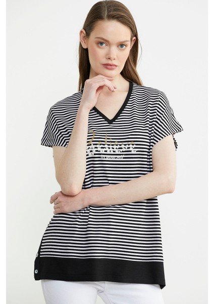 Çizgili V Yaka Payetli Tişört - Siyah