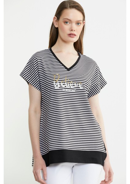 Çizgili V Yaka Payetli Tişört - Siyah fiyatları