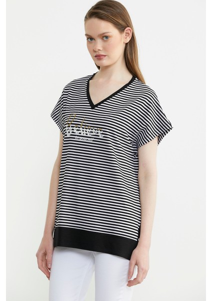 Çizgili V Yaka Payetli Tişört - Siyah modelleri