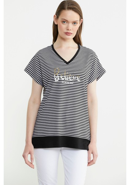 Çizgili V Yaka Payetli Tişört - Siyah fırsatları