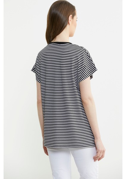 Çizgili V Yaka Payetli Tişört - Siyah indirimleri