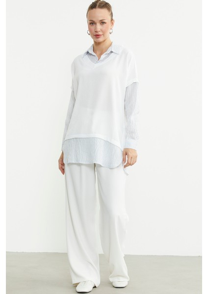 Bluz Kombinli Oversize Gömlek - Mavi
