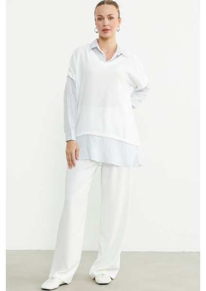 Bluz Kombinli Oversize Gömlek - Mavi