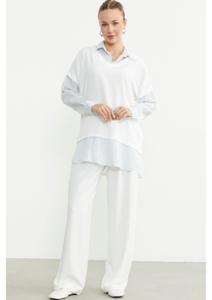 Bluz Kombinli Oversize Gömlek - Mavi