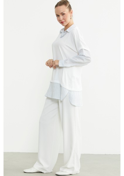 Bluz Kombinli Oversize Gömlek - Mavi