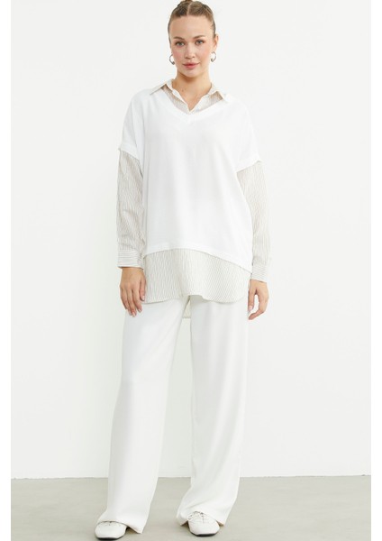 Bluz Kombinli Oversize Gömlek - Vizon