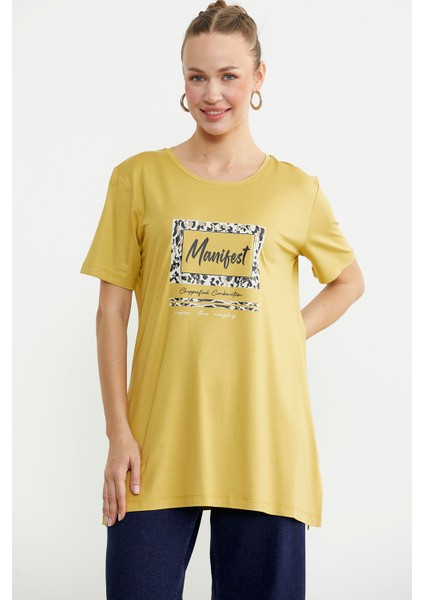 Baskılı Bisiklet Yaka Tunik Tişört - Hardal