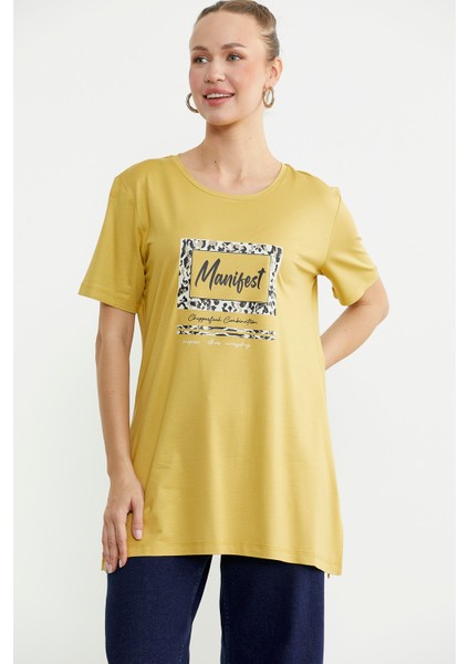 Baskılı Bisiklet Yaka Tunik Tişört - Hardal fiyatları